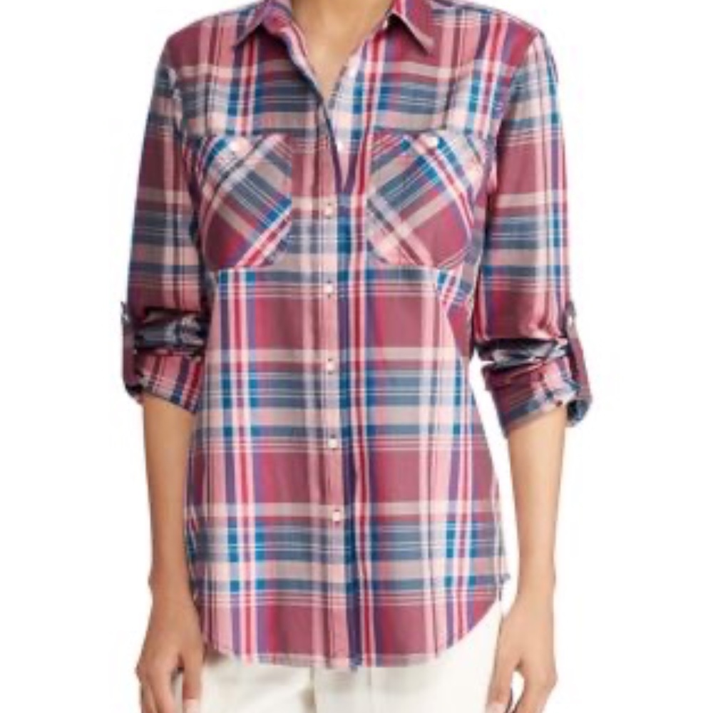 Lauren Ralph Lauren Plaid Roll-Sleeve Cotton Shirt Size Medium